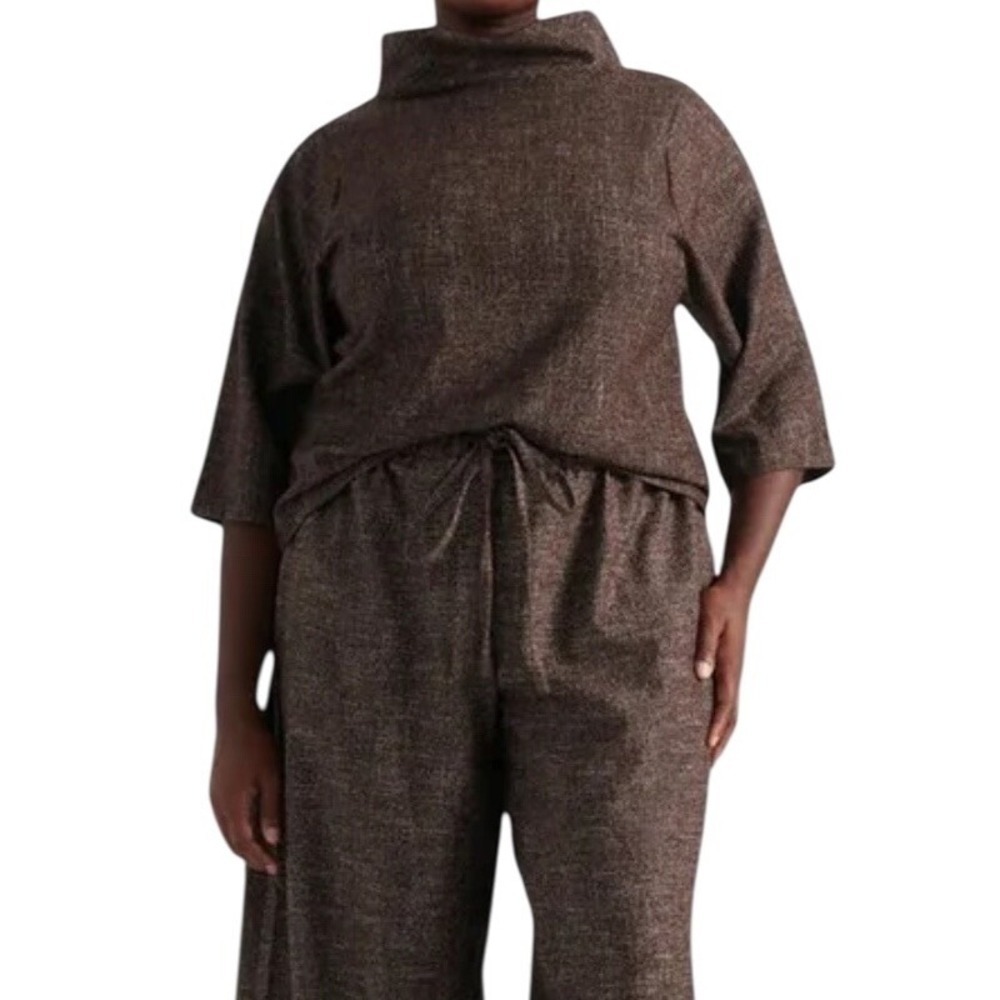 Pari Passu Wool Silk Blend Mock Neck Top Plus‎ Size 16 Brown Boxy Minimalist